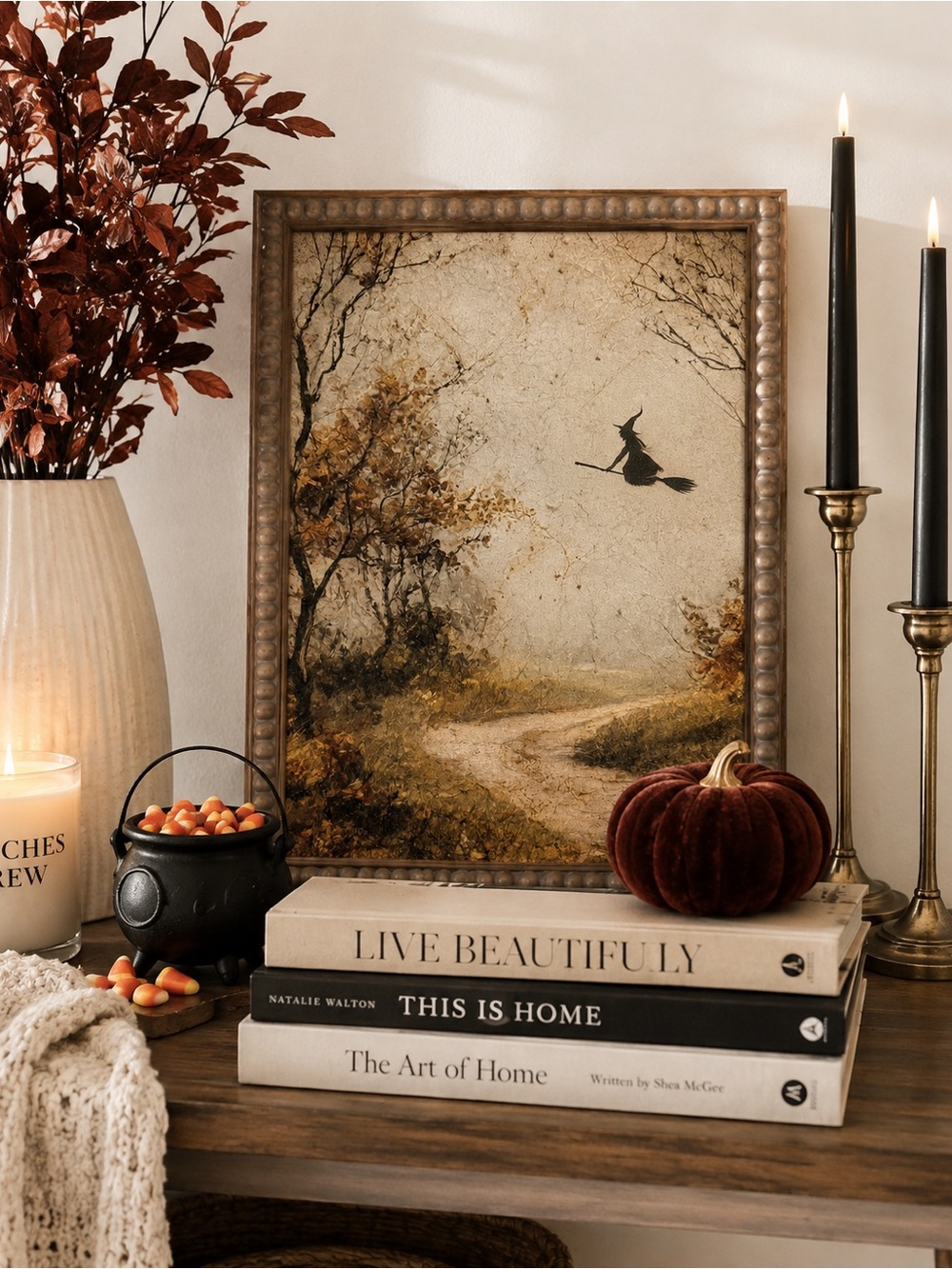 Vintage-Inspired Witch Autumn Landscape Halloween Framed Wall Art